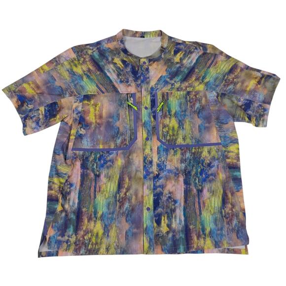 Lululemon Water Repellent Hiking Short Sleeve Mens Shirt Purple Yellow - Picture 1 of 11